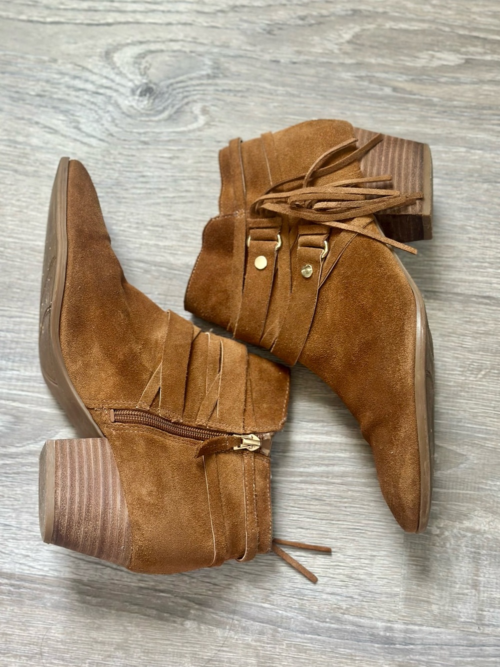 Franco Sarto Tan Suede Ankle Booties with Tassel Straps